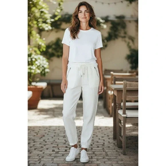 Athleta White Linen Blend Jogger Pants Drawstring Waist Pockets Casual 16 - Picture 1 of 14
